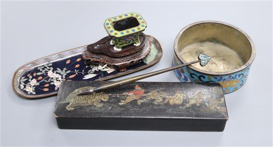 A cloisonne ink stand and pen on a stand, tray, lacquer pen box and circular cloisonne pot